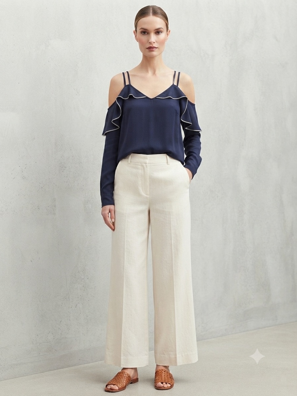 French kiss Navy Cold-Shoulder Blouse
